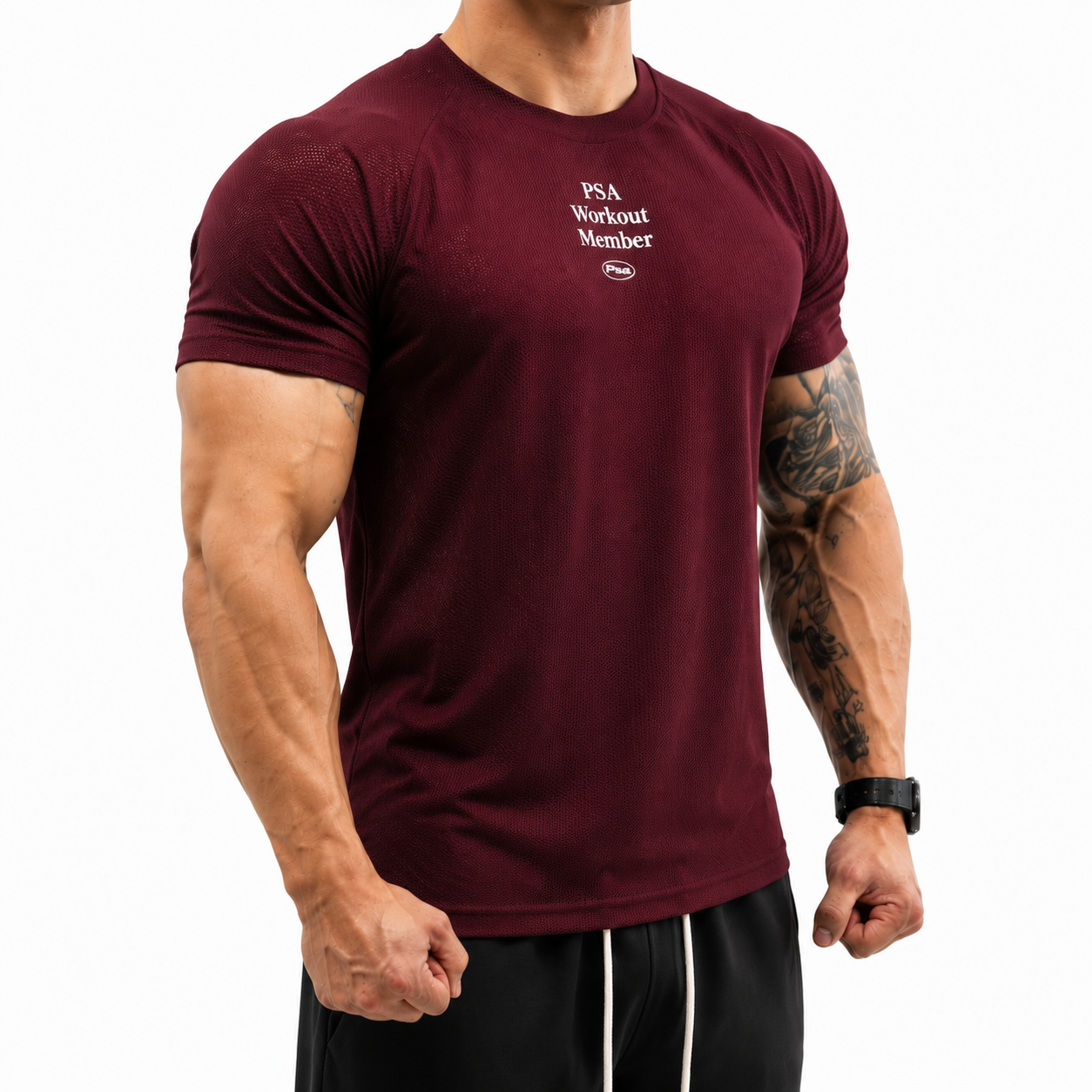 Varenform bestseller icy mesh muscle fit sports tee for men in wine red with shoulder-enhancing athletic fit