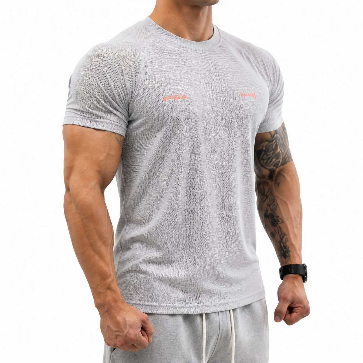 Varenform icy mesh sports tee for men in light grey with breathable quick-dry fabric and clean chest fit