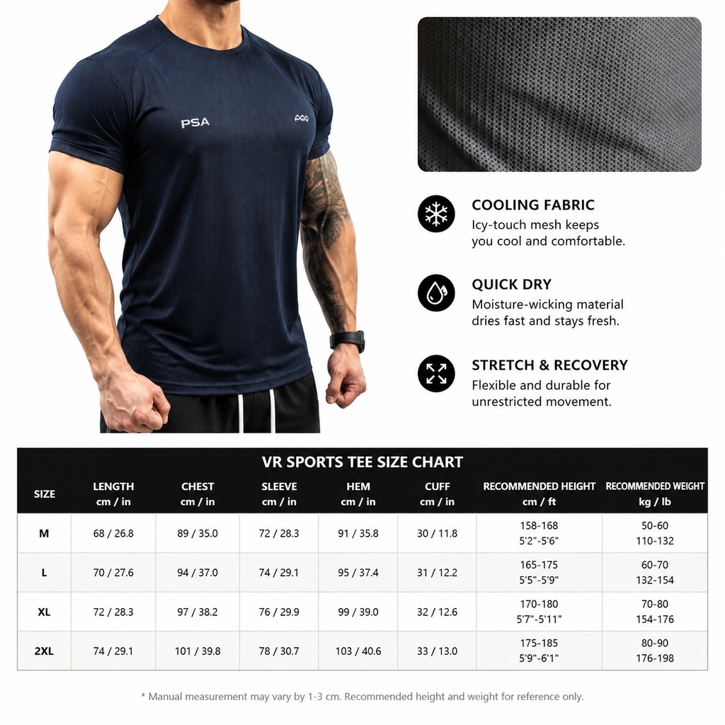Varenform icy mesh sports tee size chart showing cooling fabric, quick dry, stretch recovery, and model fit reference