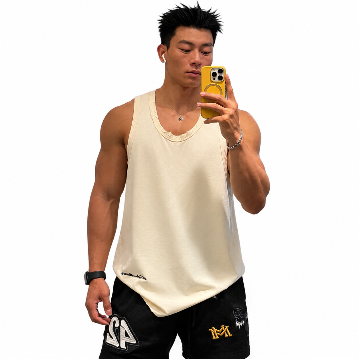 Cream men's distressed sleeveless tank top with relaxed athletic fit
