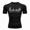 Black men's muscle fit compression shirt with white graphic chest print