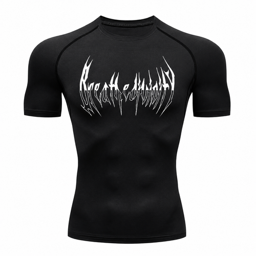 Black men's muscle fit compression shirt with white graphic chest print