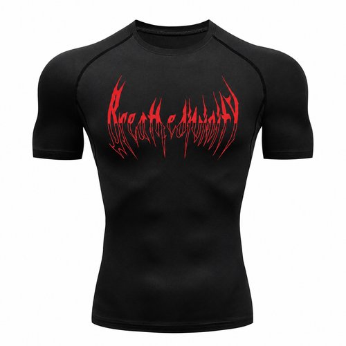 Black men's graphic compression shirt with red chest print and fitted sleeves