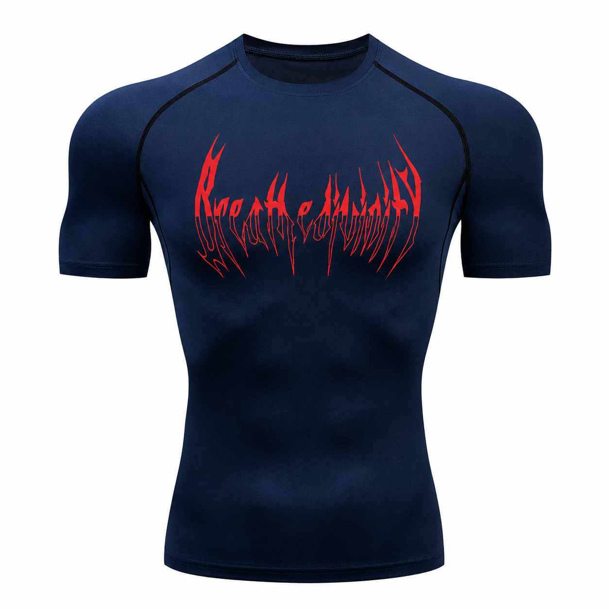 Navy blue men's muscle fit training shirt with red graphic print