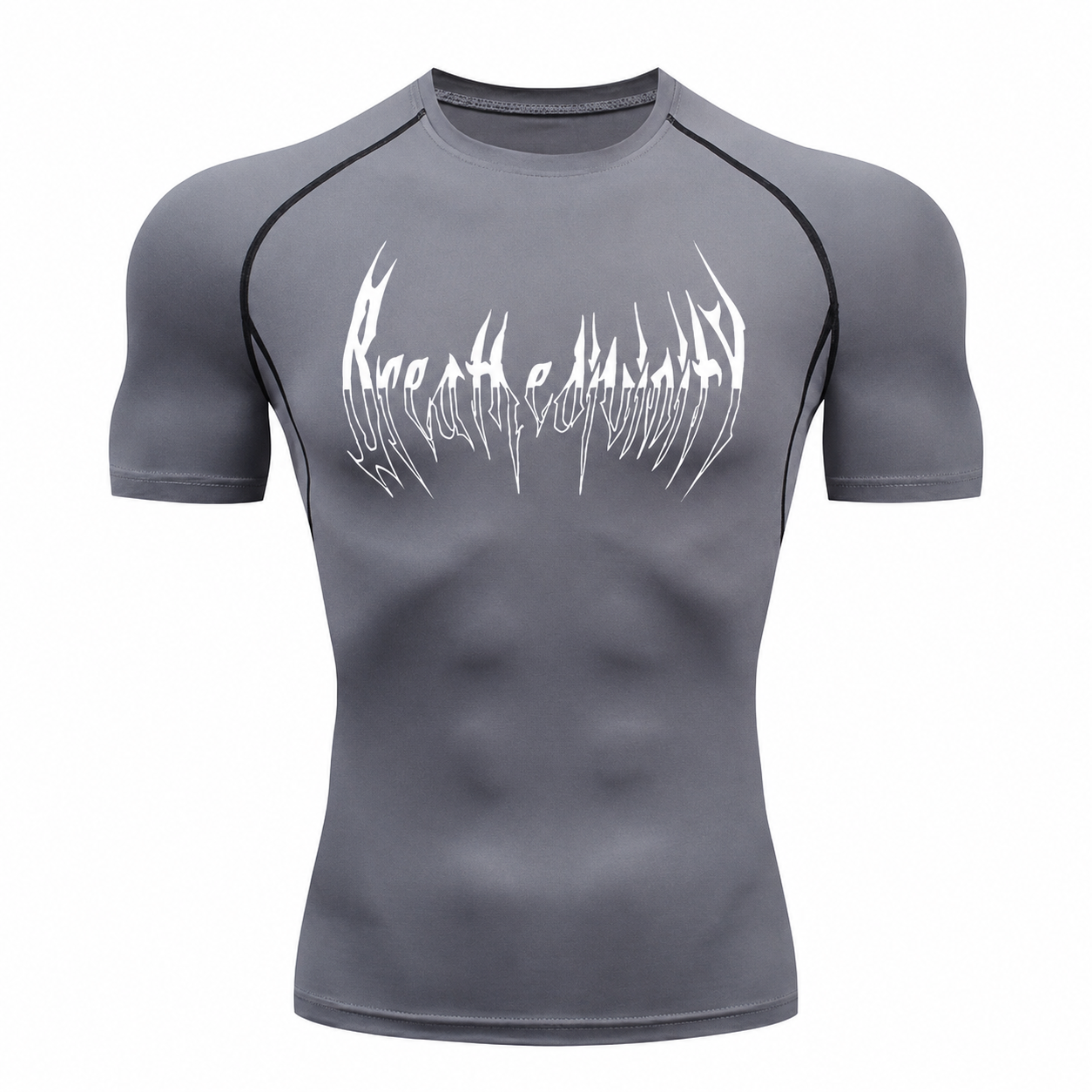 Grey men's compression workout shirt with white chest graphic