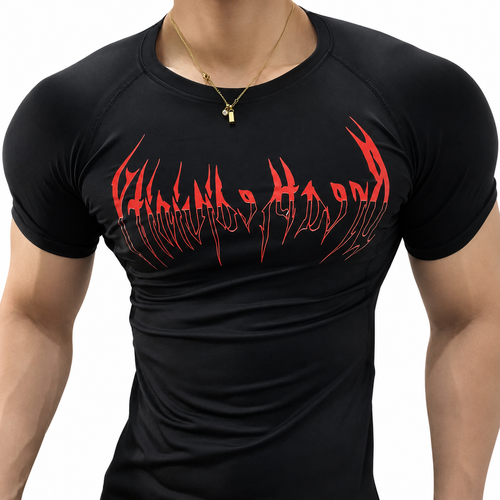 Black men's graphic muscle fit compression shirt worn on body