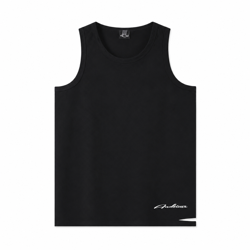 Black distressed edge sleeveless tank top flat lay with lower logo detail