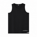 Black distressed edge sleeveless tank top flat lay with lower logo detail
