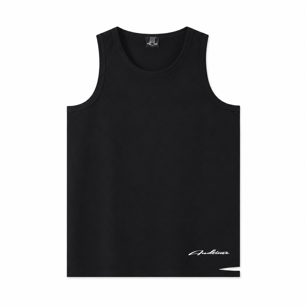 Black distressed edge sleeveless tank top flat lay with lower logo detail