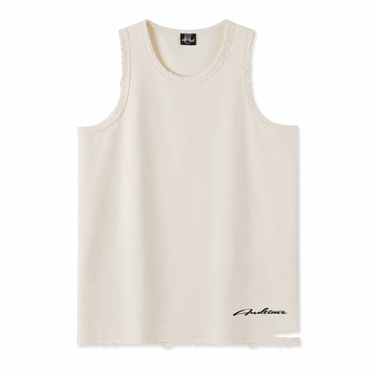 Cream distressed edge sleeveless tank top flat lay with raw edge details