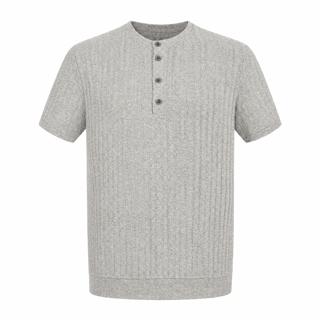 Light grey ribbed men's short sleeve henley shirt with button neckline