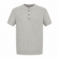 Light grey ribbed men's short sleeve henley shirt with button neckline