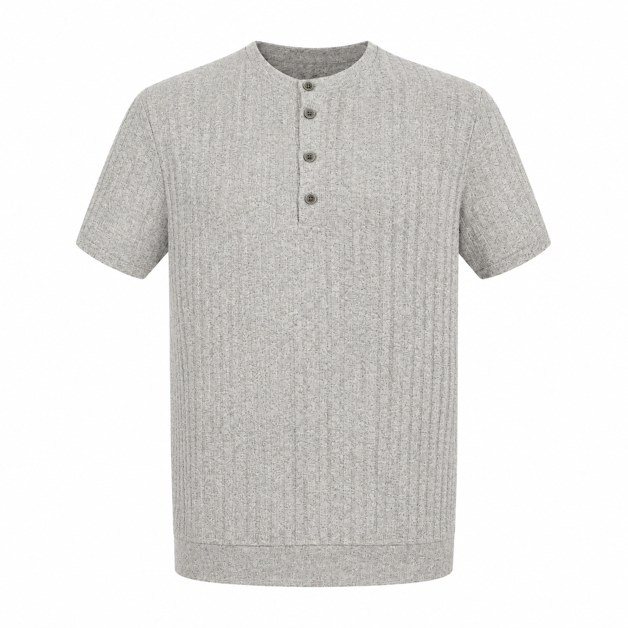 Light grey ribbed men's short sleeve henley shirt with button neckline
