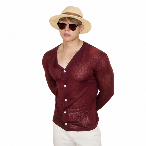 Burgundy men's lightweight sheer button henley shirt styled with white pants