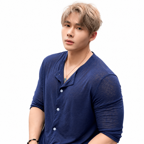 Navy blue men's sheer button henley shirt with fitted long sleeves