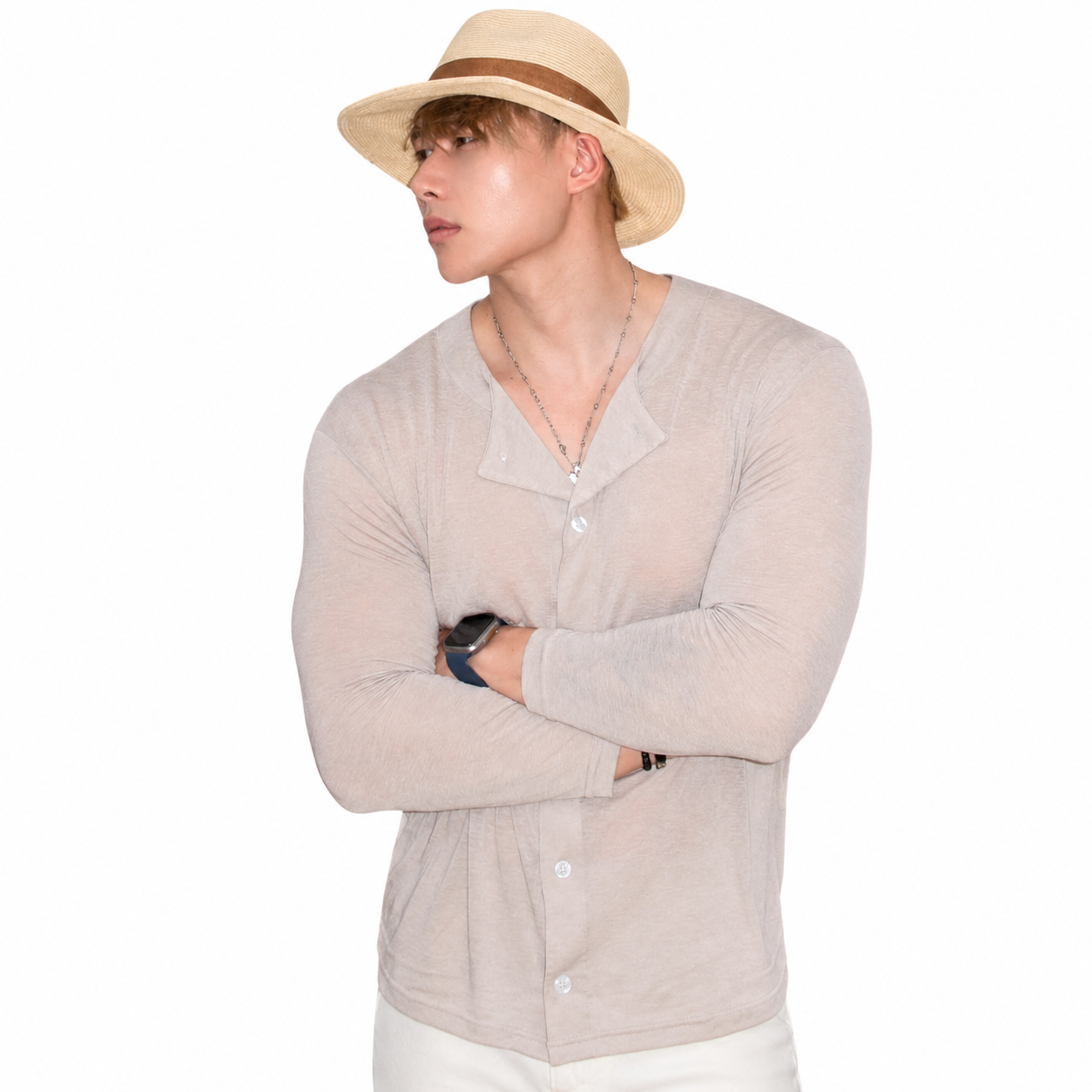 Light beige men's lightweight button henley shirt for vacation styling