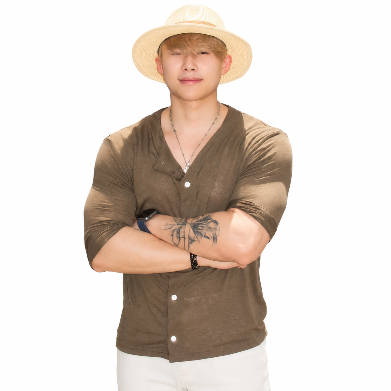 Olive brown men's sheer long sleeve henley shirt with relaxed fit