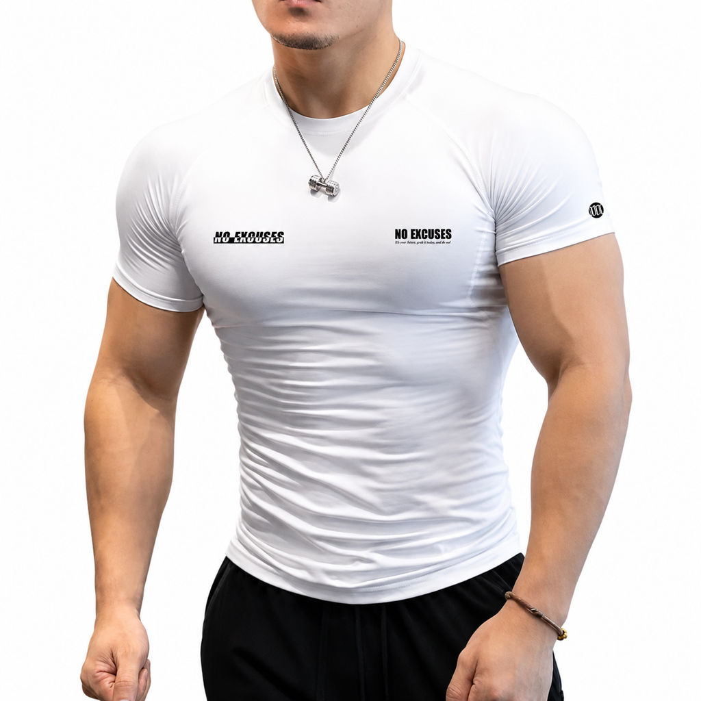 White men's muscle fit workout shirt with fitted sleeves and chest graphics