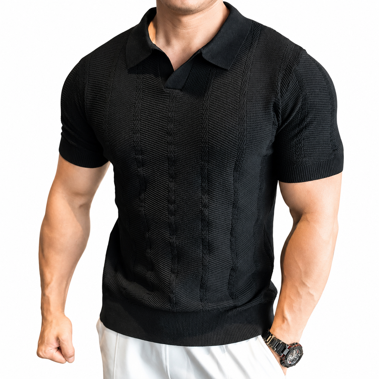 Black men's textured knit polo shirt with fitted sleeves and open collar