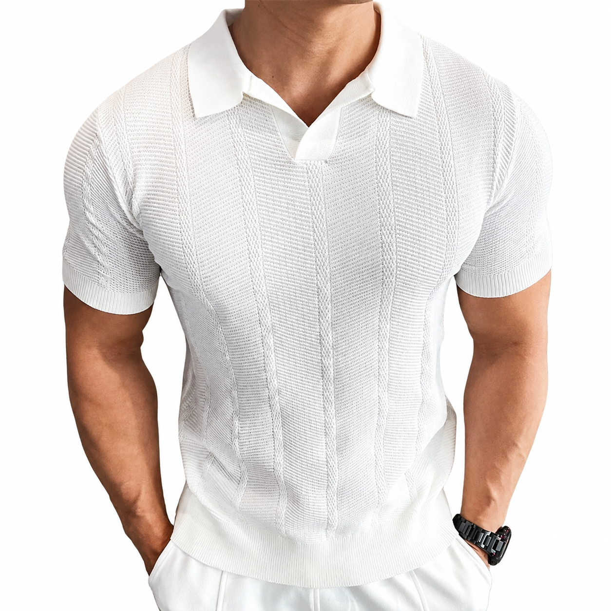 White men's textured knit polo shirt with vertical pattern and ribbed hem