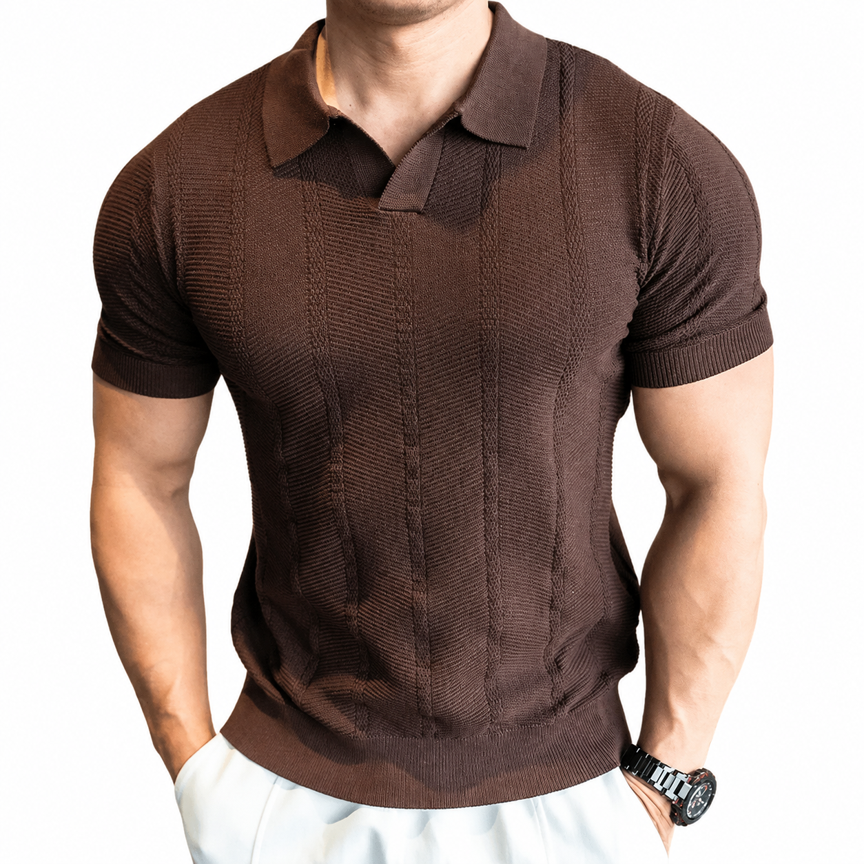 Brown men's textured knit polo shirt with smart casual fit