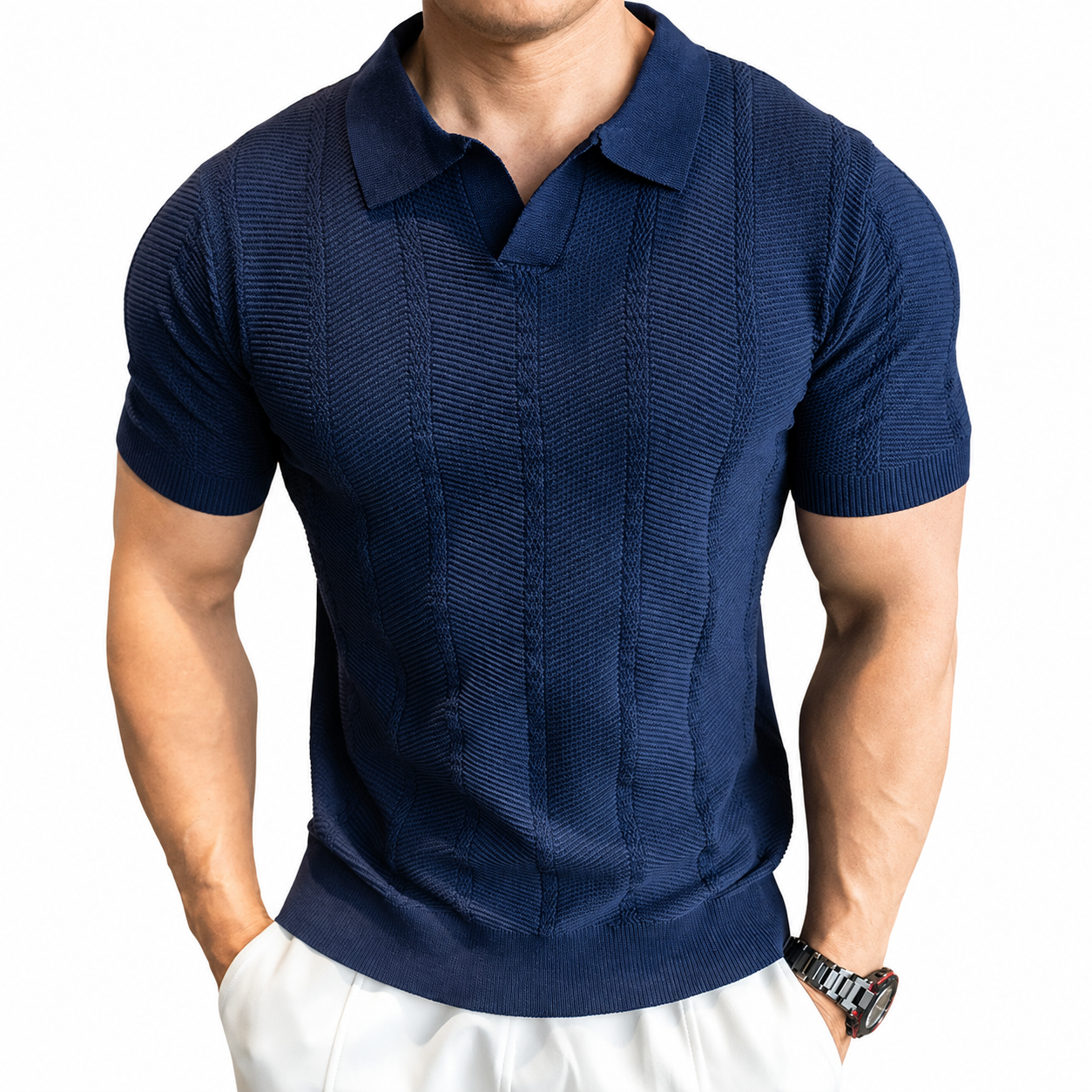 Navy blue men's textured knit polo shirt with structured knit pattern