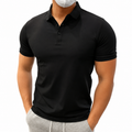 Black men's muscle fit performance polo shirt with fitted sleeves