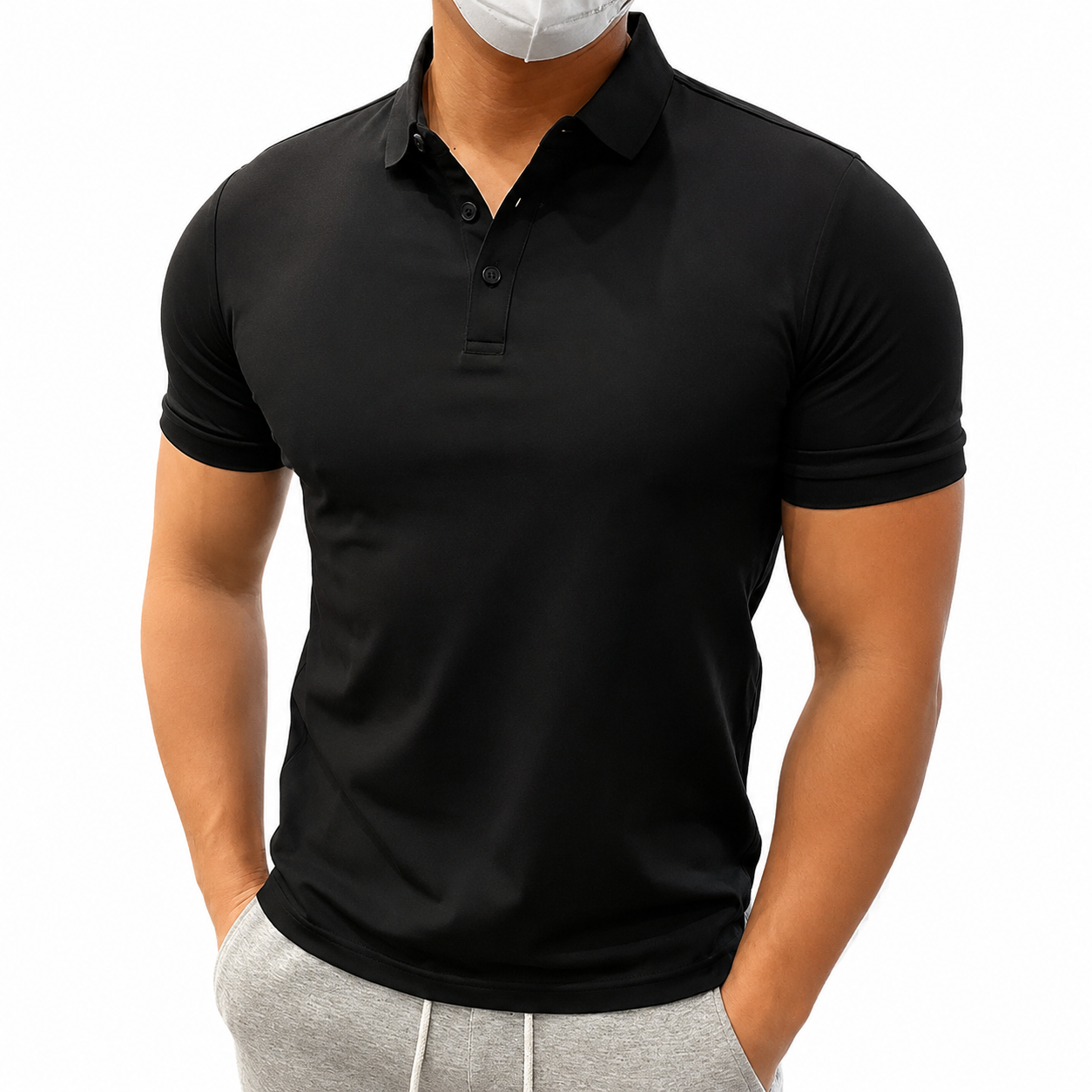 Black men's muscle fit performance polo shirt with fitted sleeves
