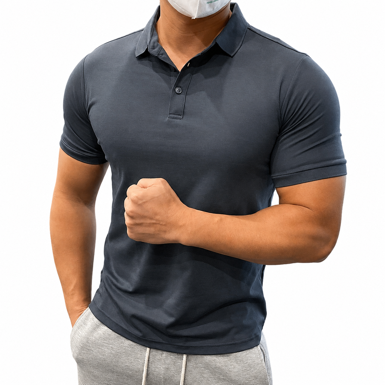 Dark navy men's fitted performance polo shirt with button collar