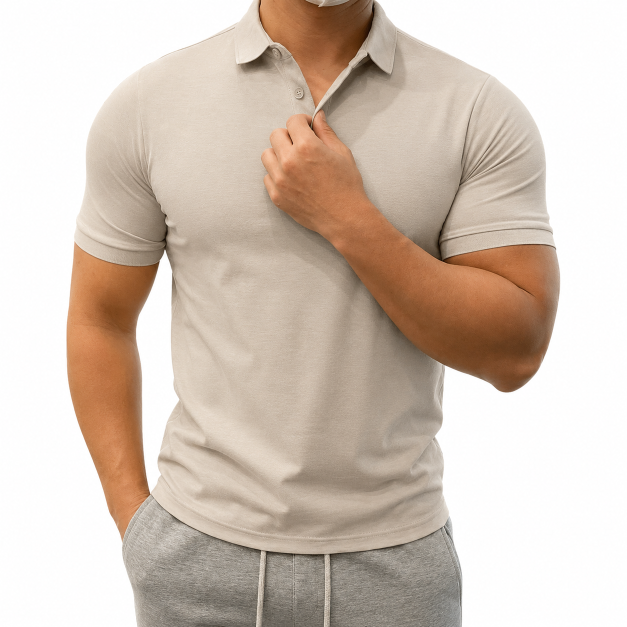 Stone beige men's muscle fit polo shirt with clean smart casual style