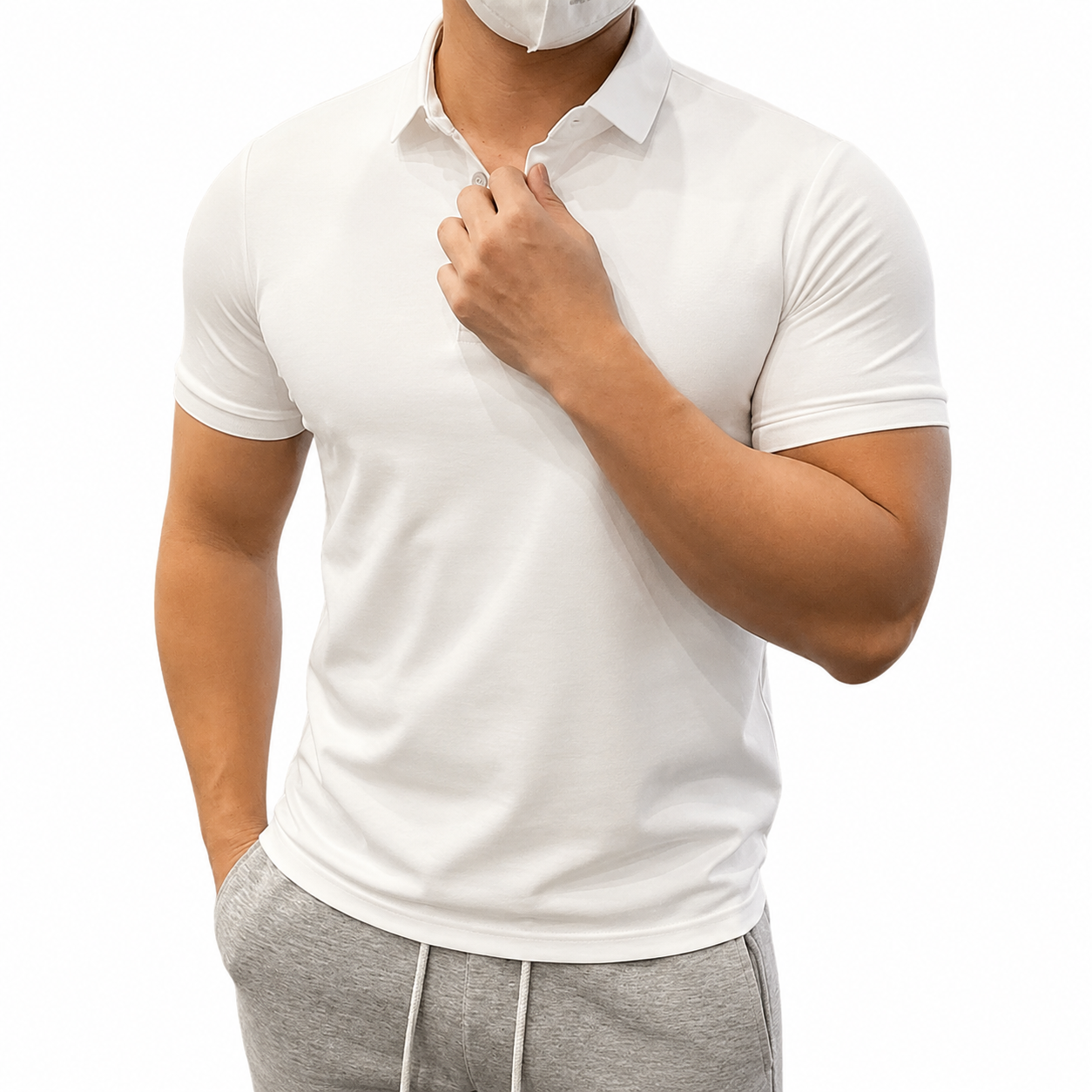 White men's muscle fit polo shirt with fitted sleeves and classic collar