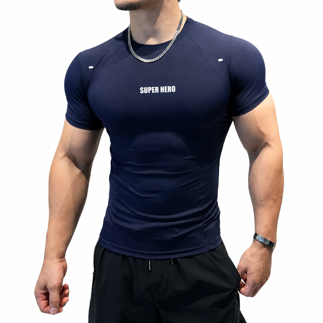 Cream men's Super Hero muscle fit workout shirt with fitted sleeves