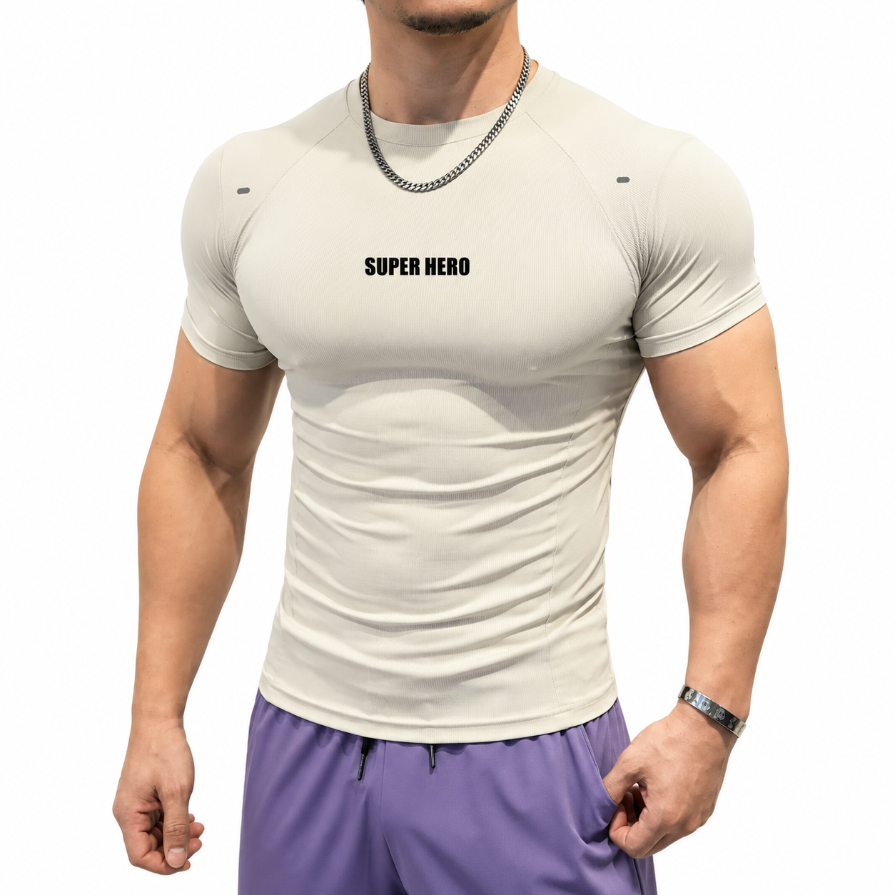 White men's Super Hero training shirt with athletic body-enhancing fit