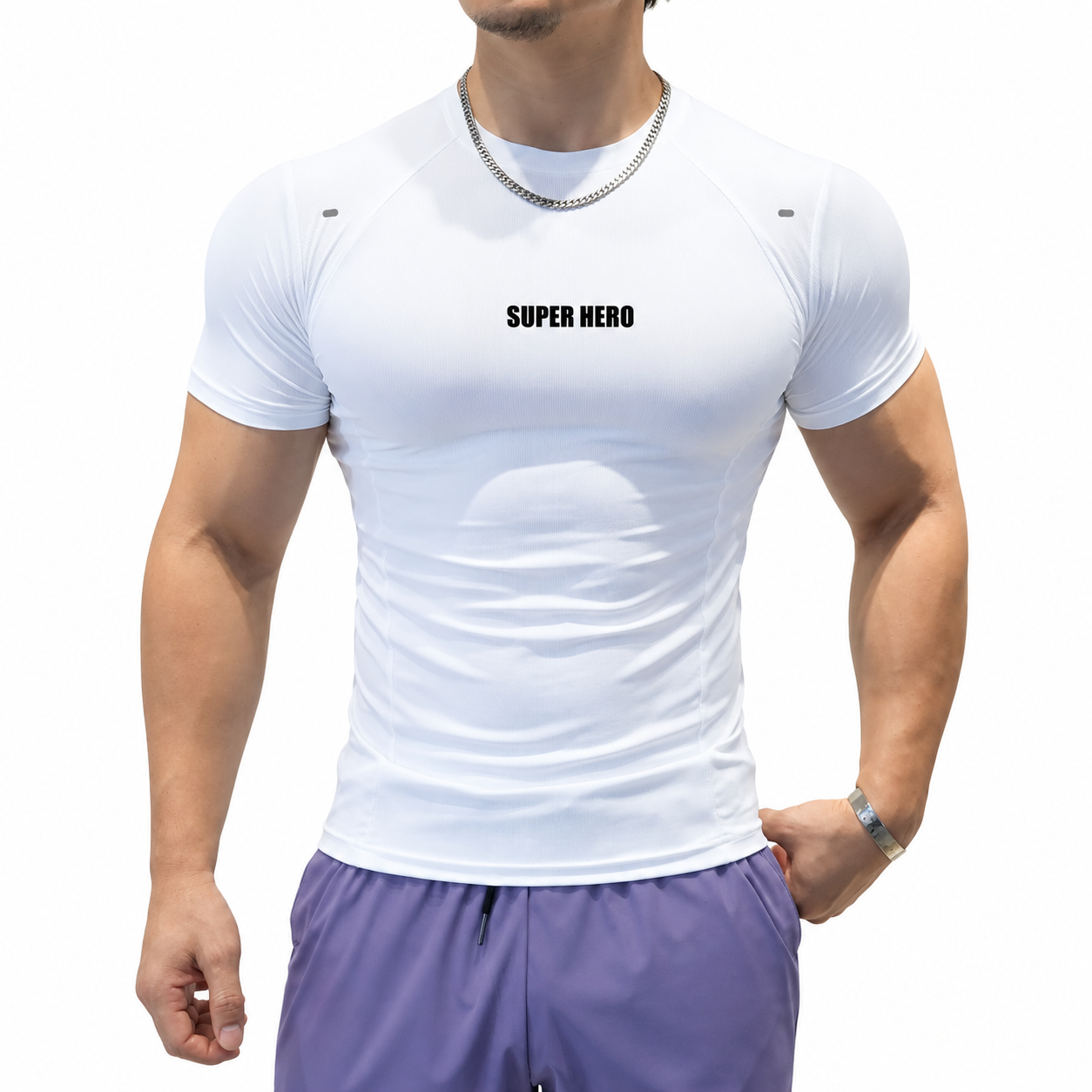 Black men's Super Hero muscle fit training shirt with white chest graphic