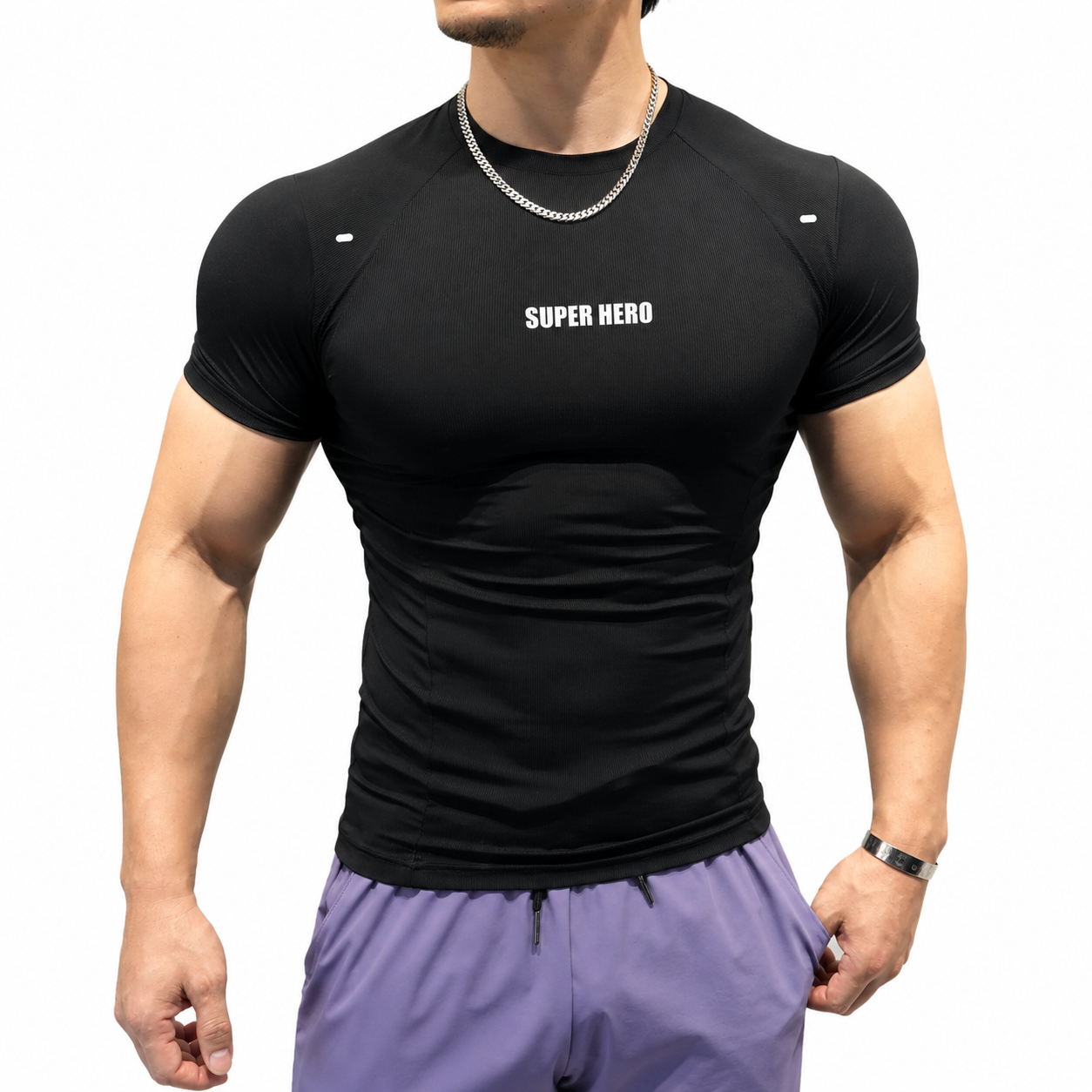 Black men's Super Hero muscle fit training shirt with white chest graphic