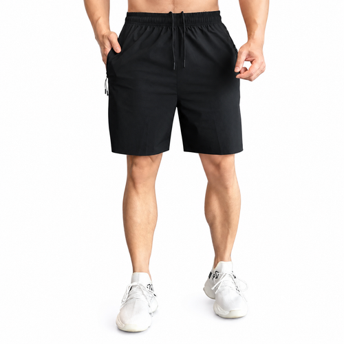 Black men's lightweight training shorts with elastic waistband and side zip pocket