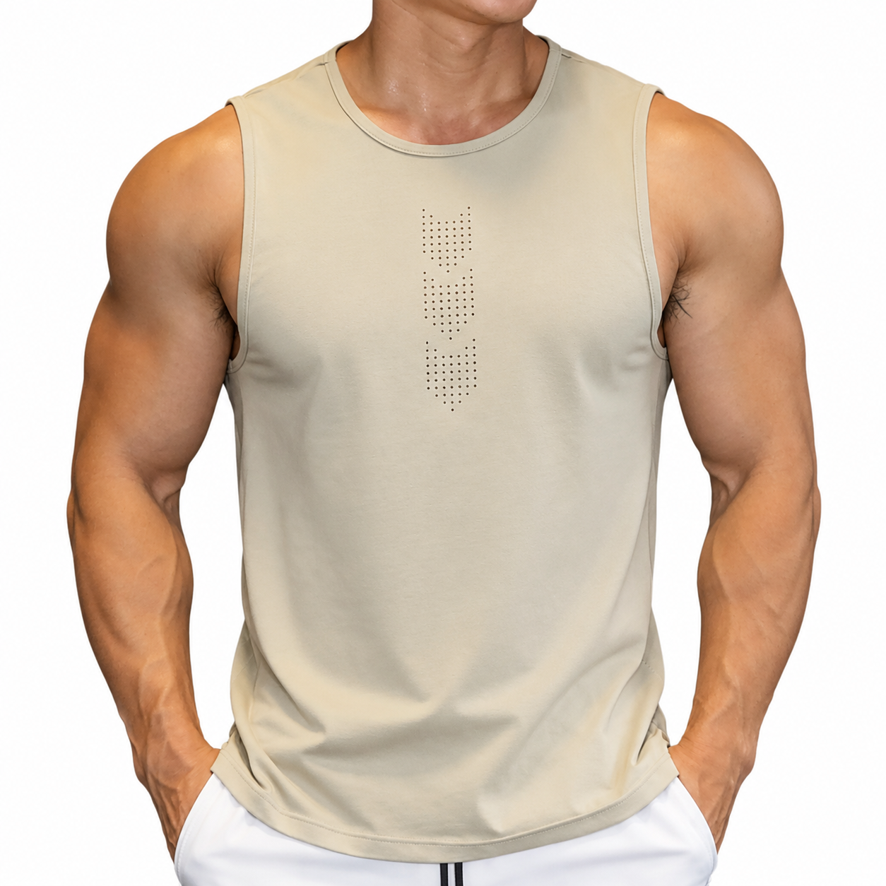 Stone beige men's perforated sleeveless training tank top with athletic fit