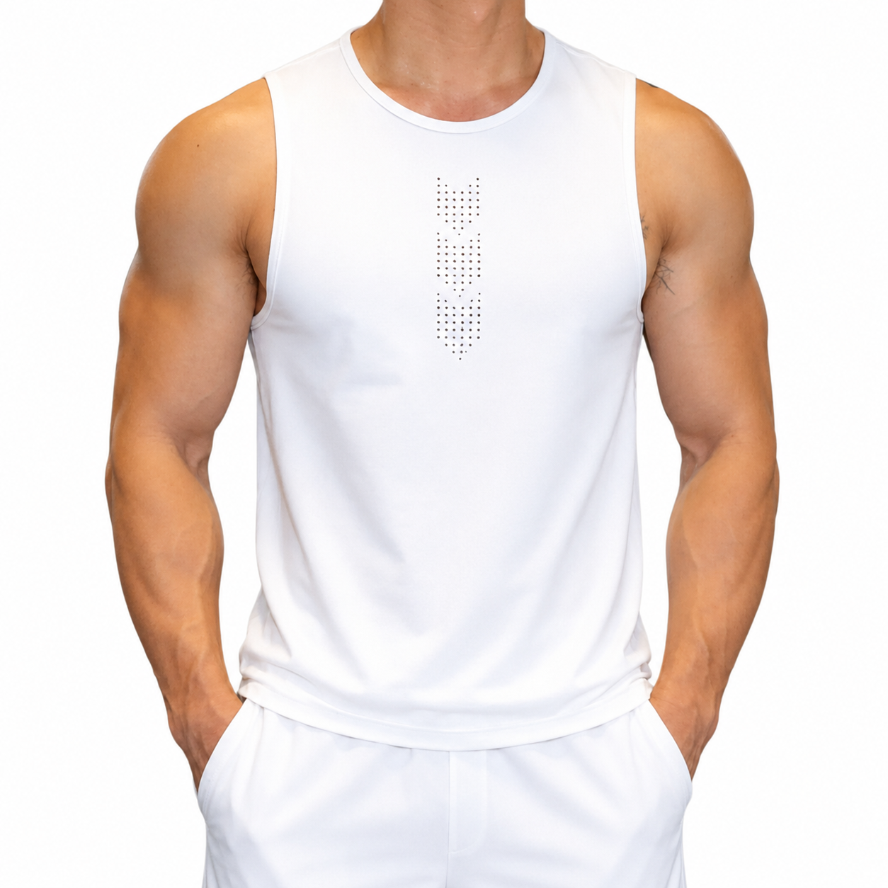 White men's sleeveless workout tank top with center perforated chest detail