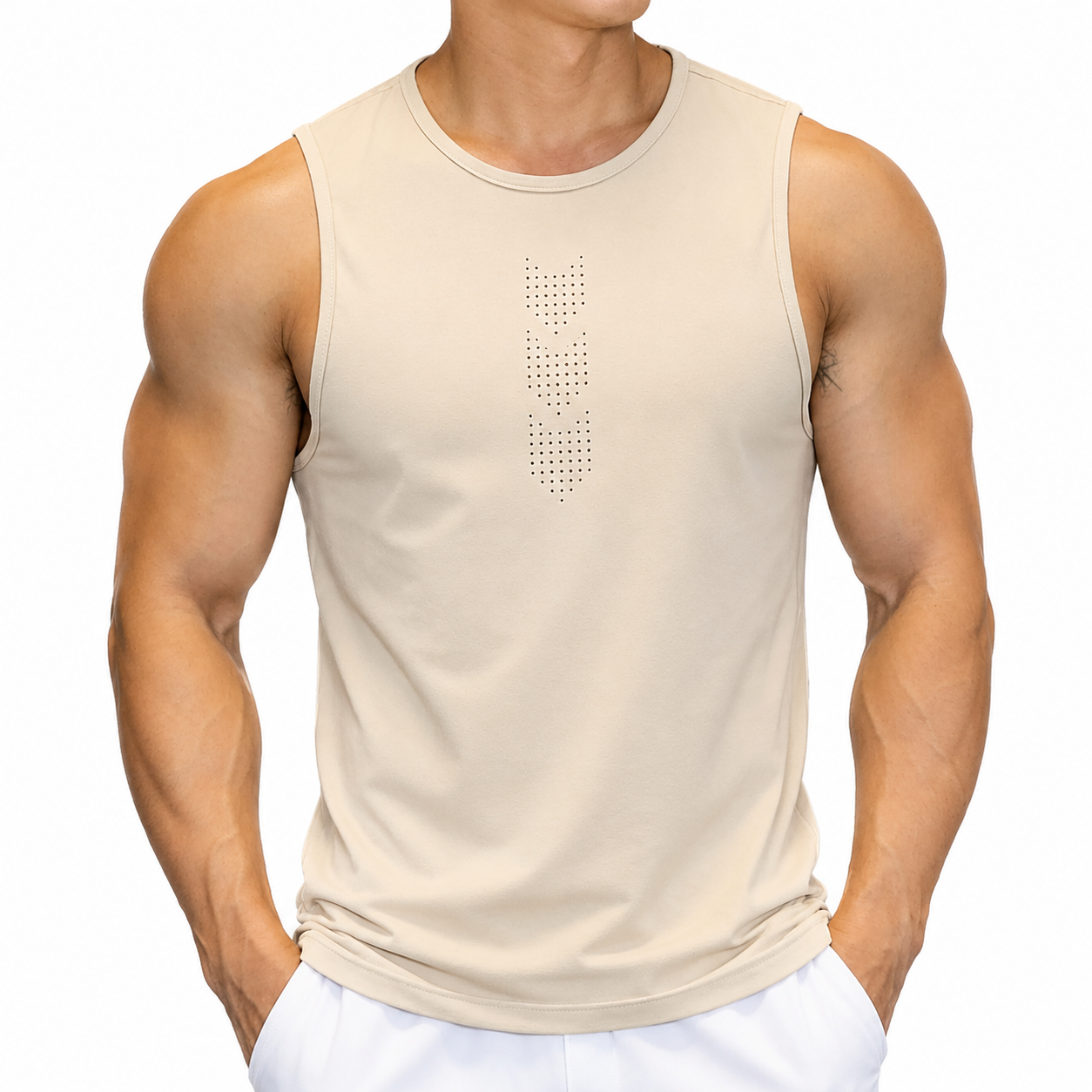 Light beige men's training tank top with open shoulder cut