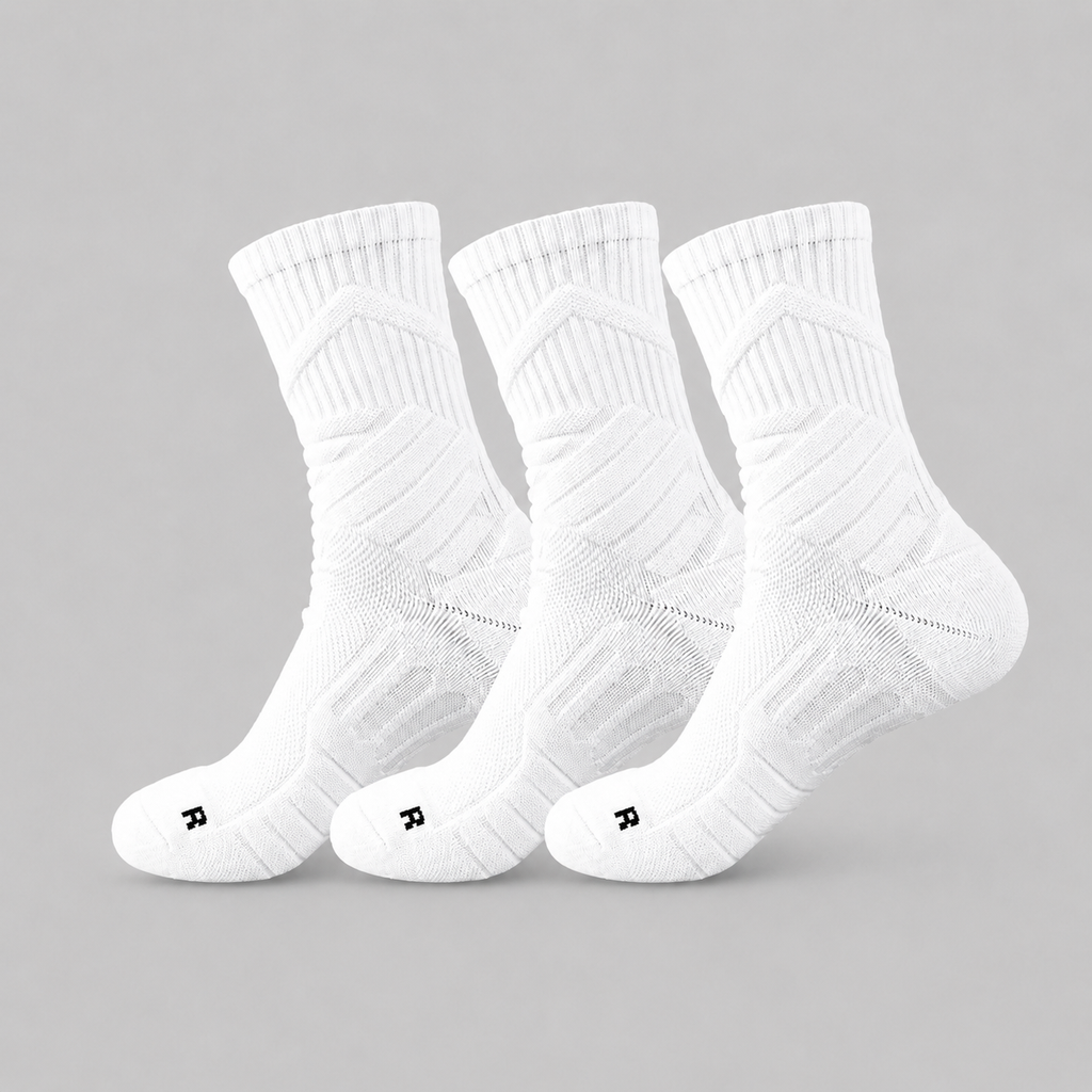 White men's 3-pack cushioned performance crew socks with ribbed cuffs