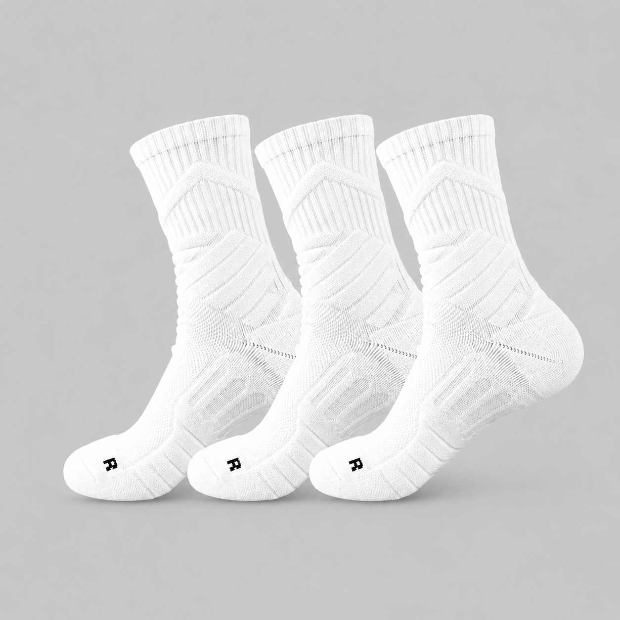 White men's 3-pack cushioned performance crew socks with ribbed cuffs