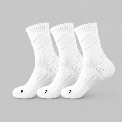 White men's 3-pack cushioned performance crew socks with ribbed cuffs