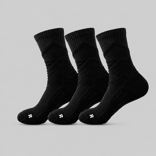 Black men's 3-pack athletic crew socks with textured support zones