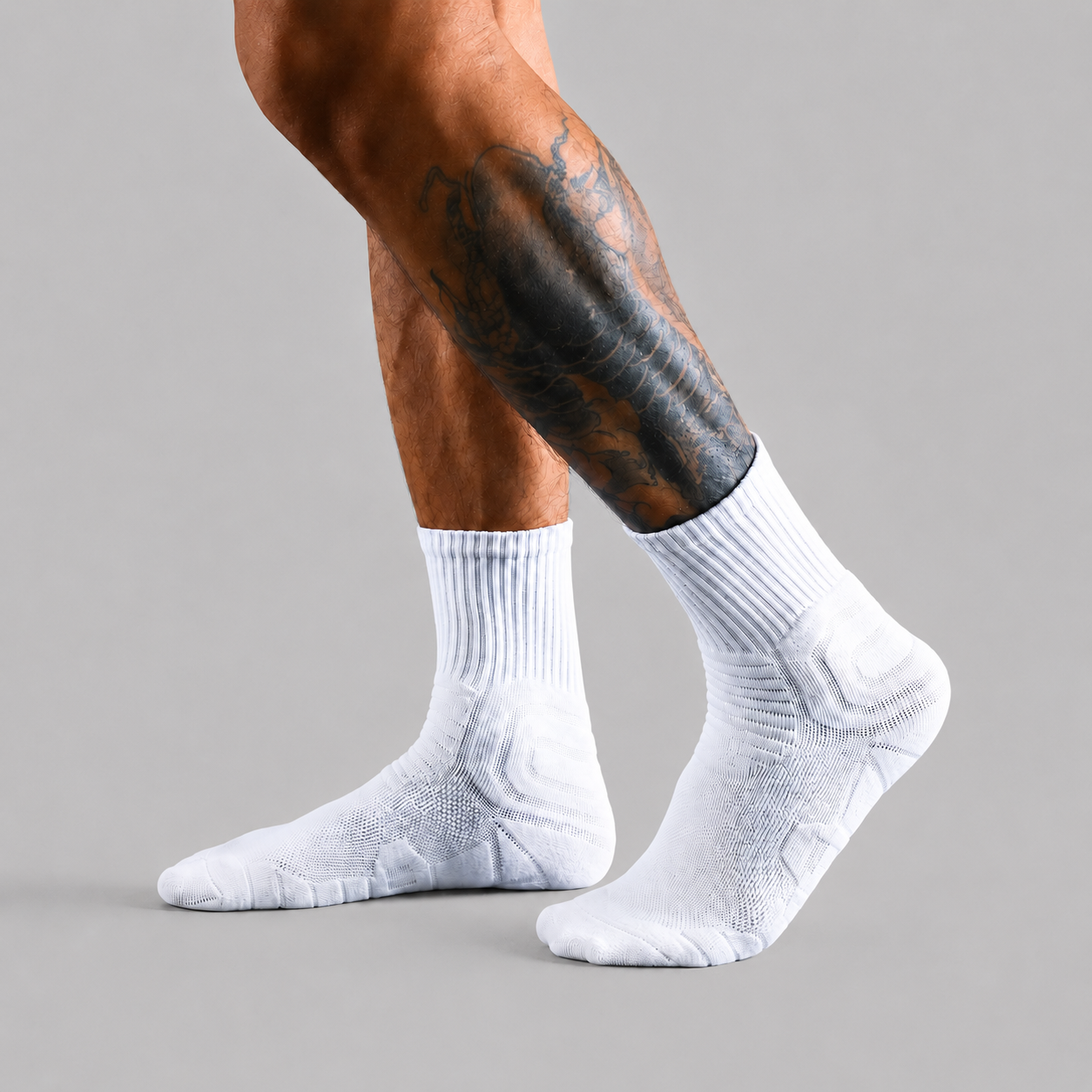 White men's performance crew socks with ribbed cuffs and cushioned knit zones