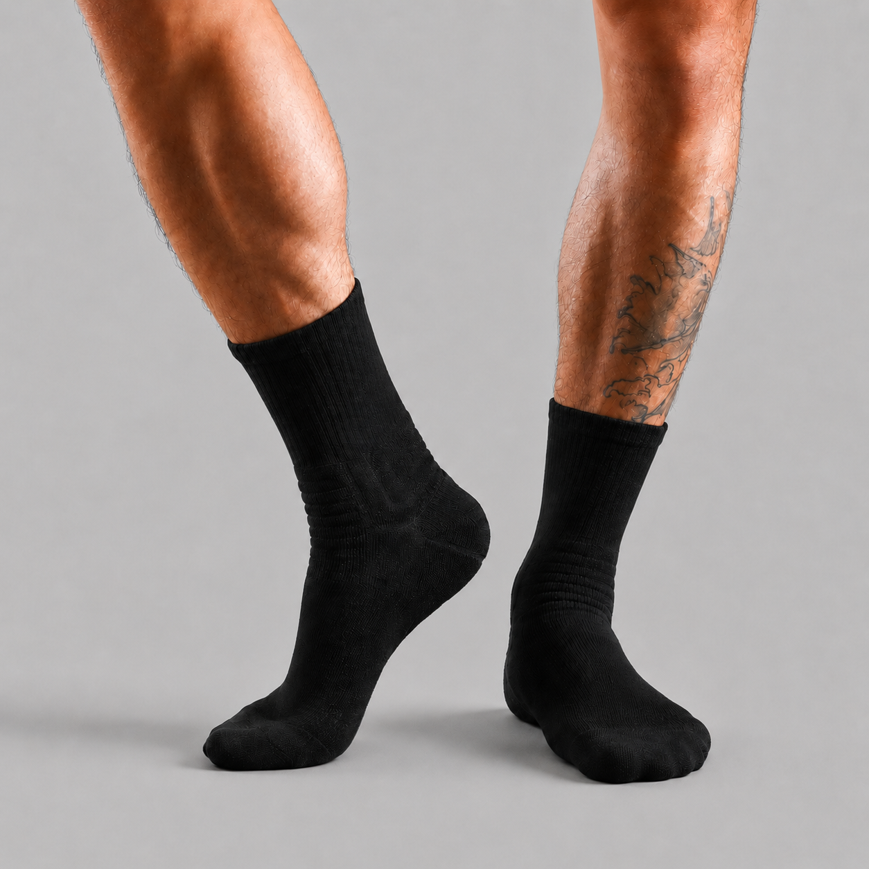 Black men's athletic crew socks with secure ribbed fit