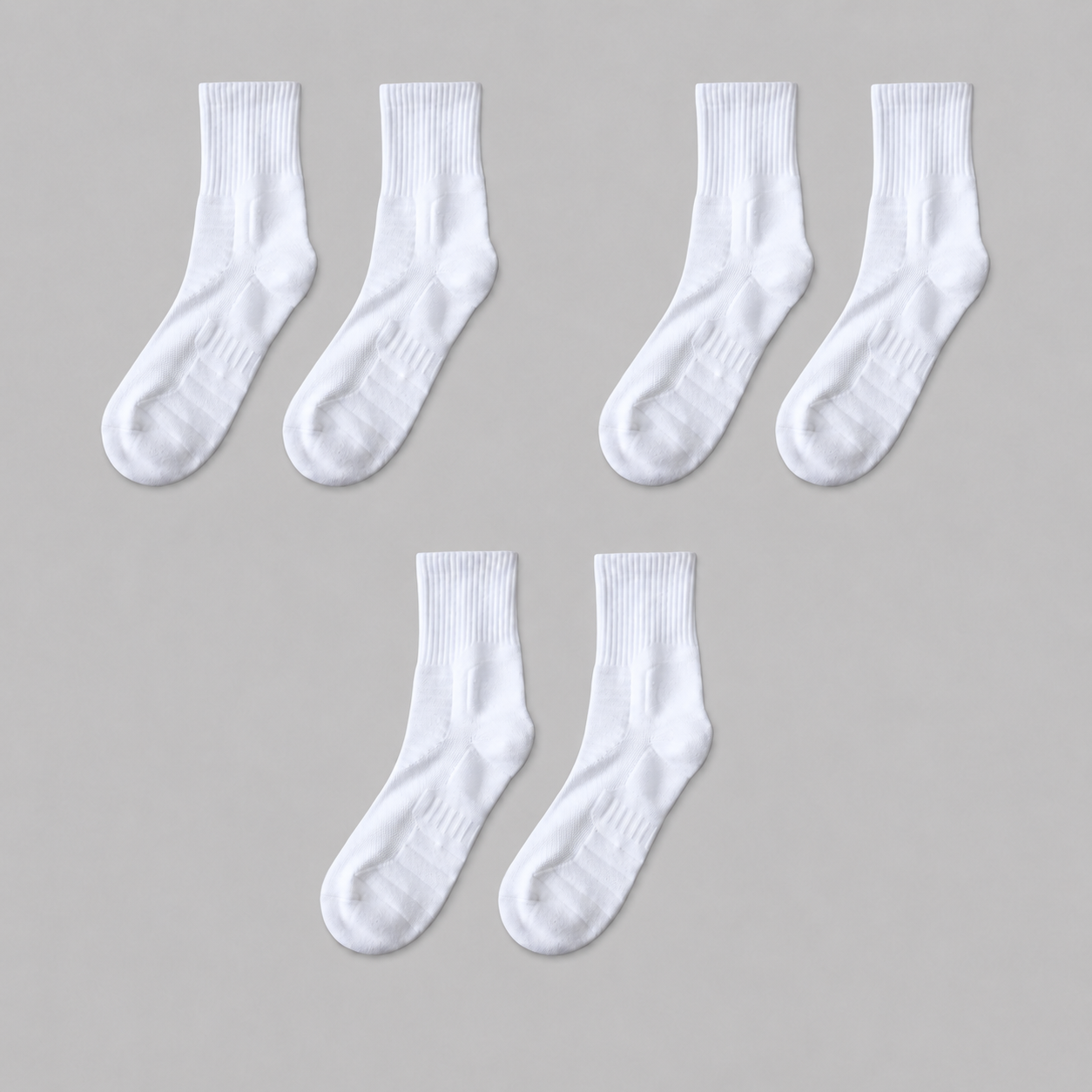 White 3-pack performance crew socks shown flat