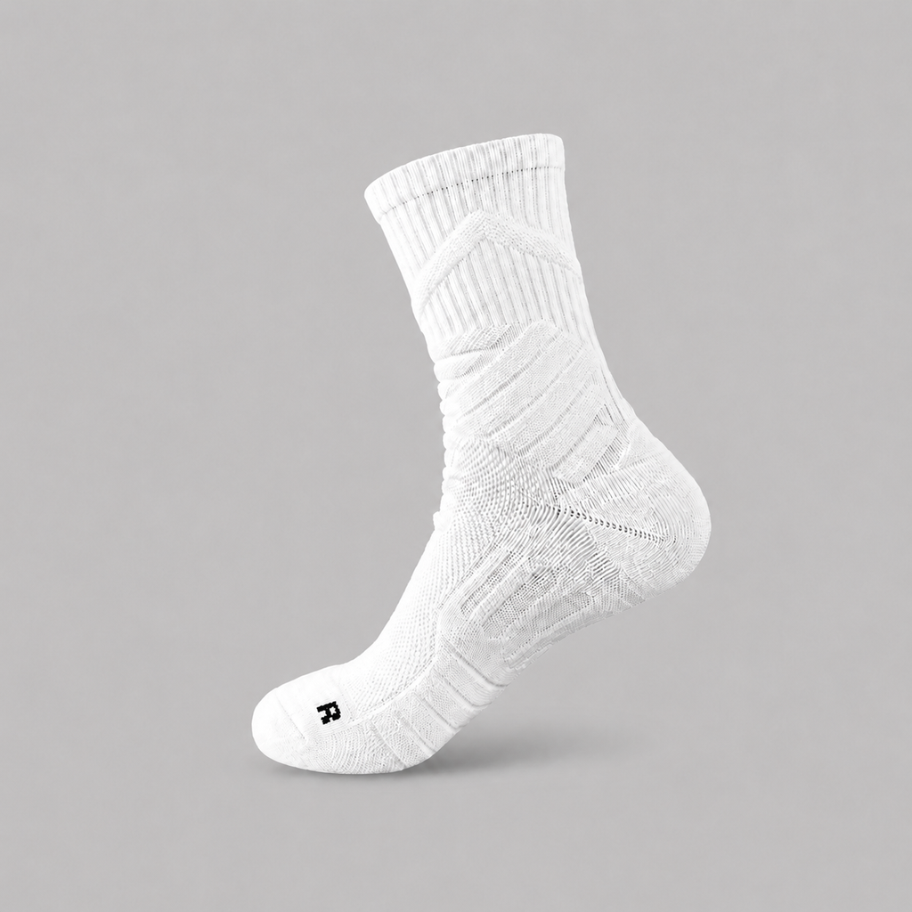 White performance crew sock close-up with textured support zones