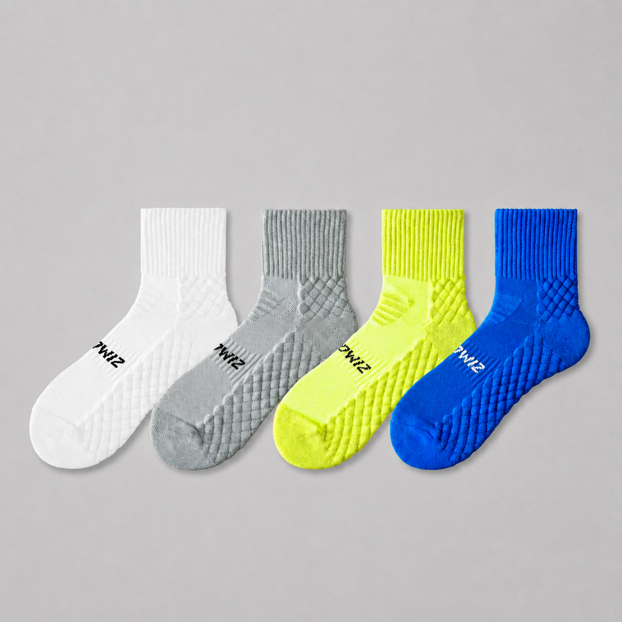 white grey neon yellow and royal blue men's quarter crew training socks