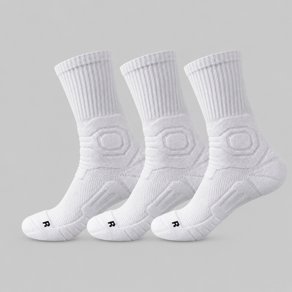 White men's 3-pack cushioned crew sports socks with ribbed cuffs