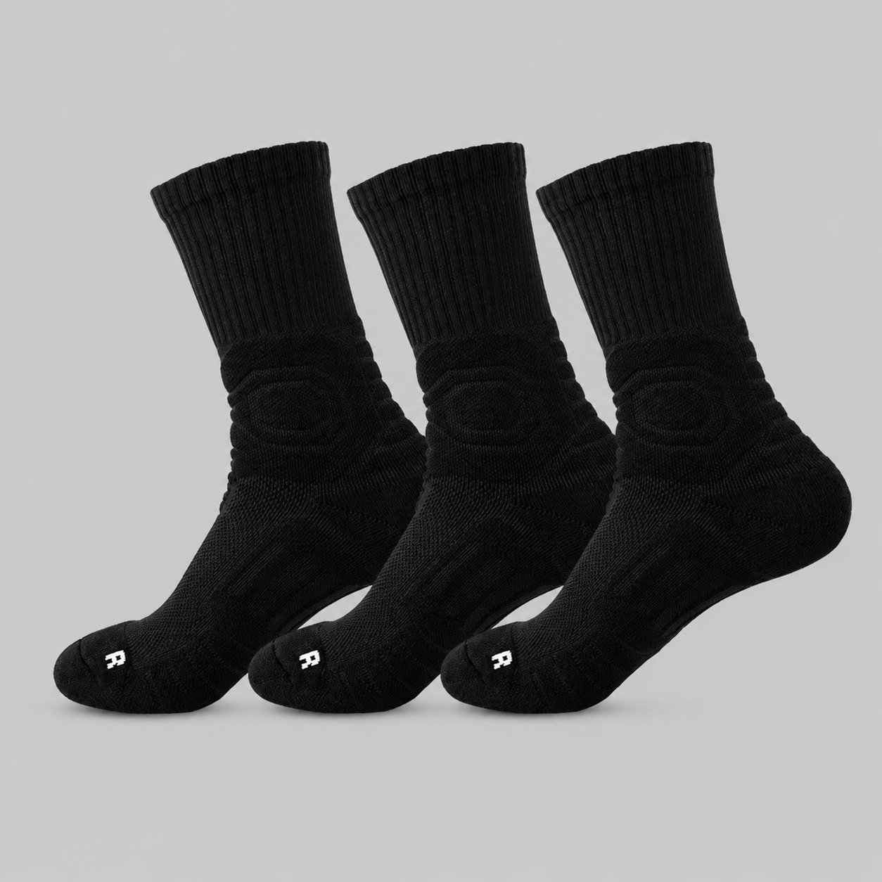 Black men's 3-pack cushioned athletic crew socks with support zones